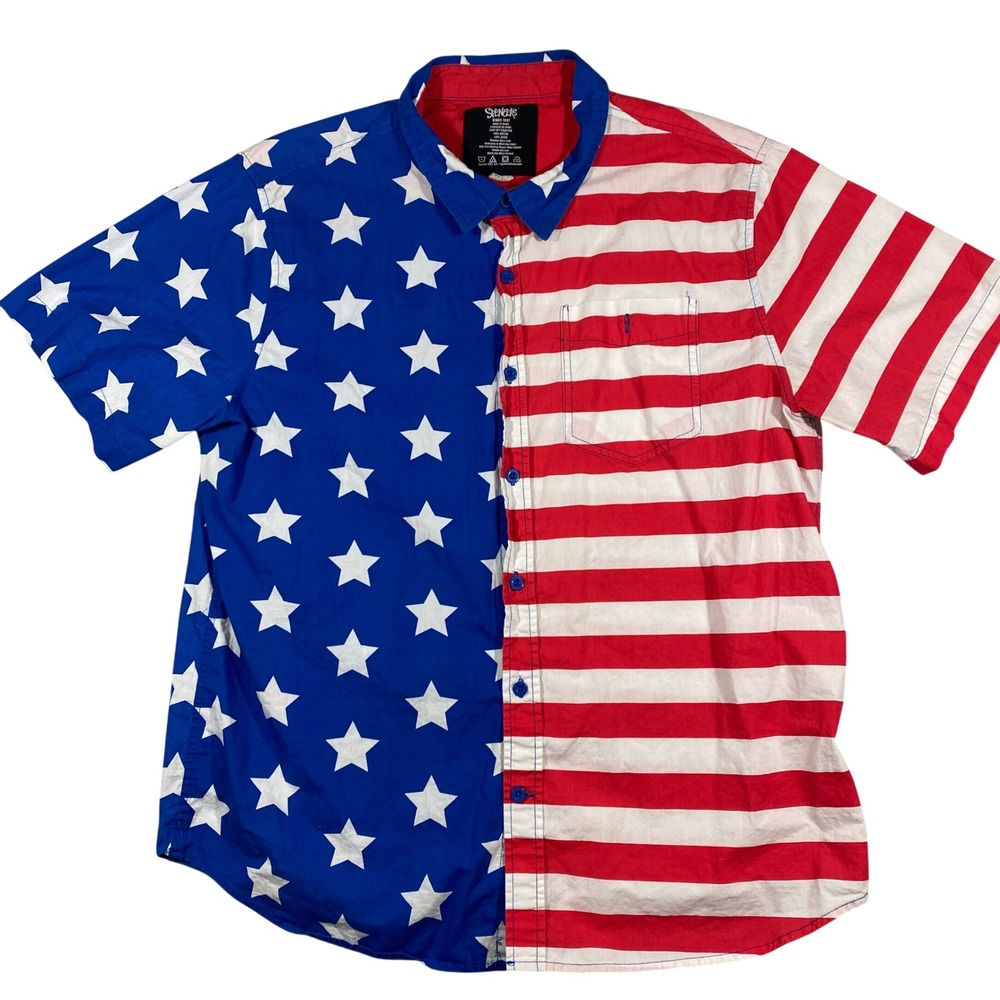 Spencer's American Flag Button Down Shirt‎ Mens Lg Red White Blue Stars Stripes